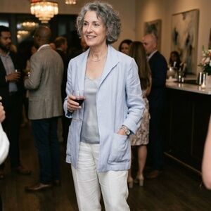 Lafayette 148 Linen Silk Blazer Jacket L Light Blue Chambray Stripe Lagenlook